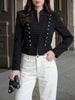 Women Vintage Napoleon Jacket Stand Collar Double Breasted Slim Black Cropped Outerwear Autumn Formal Commuting Office Wear