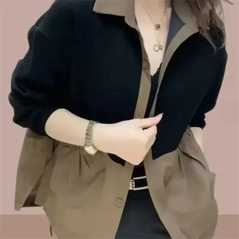 Women Splicing Loose Fitting Jacket Spring Female Leisure Outerwear Ladies Top Grade Long Sleeved Tops Coat