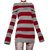 Women Mini Bodycon Dress Stripe Boat-Neck Long Sleeve Short Dress Spring Autumn Wrapped Hip Party Dress