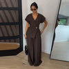 Chic Solid Stand Neck Blazer Jacket Pant Set Women Full Sleeve Shoulder Pads Coat Wide Leg Pants Autumn Commute Outfit