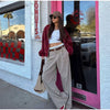 Women Dusty Pink Faux Suede Cropped Jacket Chic Full Zip Stand Collar Elastic Hem Short Coat Autumn Casual Street Outwear