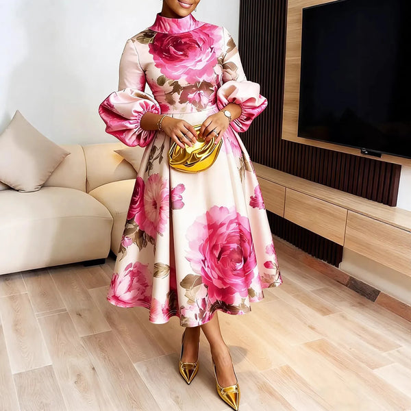 Dashiki African Dresses for Women Flower Printed Stand Collar Elegant Evening Maxi Dress Puff Sleeves Pleated Party A-Line Dress