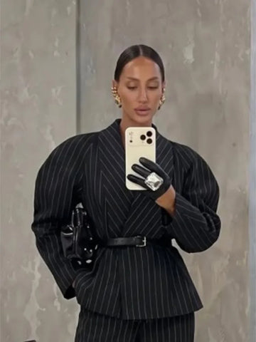 Lady Black Pinstripe Two Piece Suit Belted Wrap Long Sleeves Blazer Wide Leg Pants Sets Autumn Chic Formal Business Set