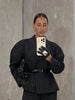 Lady Black Pinstripe Two Piece Suit Belted Wrap Long Sleeves Blazer Wide Leg Pants Sets Autumn Chic Formal Business Set