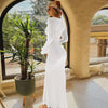 Women Elegant Ruffle Hem White Long Dress Shirring V-neck Flare Long Sleeve Dresses Evening Party Robes Vestido