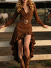 Women's Retro High Low Ruffle Hem Dress Long Sleeve Turn Down Collar Chic Ethnic Western Cowboy Slim Midi Dresses Autumn
