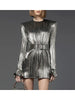 Women's Sexy Glitter Flare Long Sleeve Belted Pleated Mini Party Dress