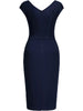 Women Vintage Cap Sleeve V-Neck Ruched Slim Knee Length Cocktail Party Wrap Sheath Bodycon Pencil Dress