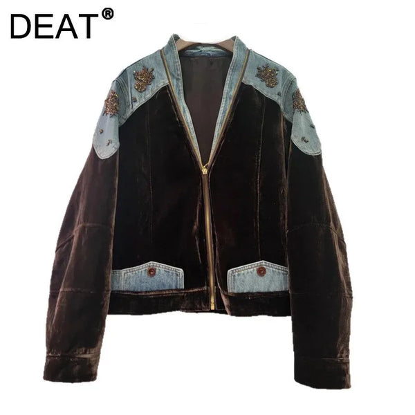 Women's Coat Patchwork Zipper Denim Velvet Beading Long Sleeve Loose Vintage Jackets Autumn 29A3480