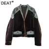 Women's Coat Patchwork Zipper Denim Velvet Beading Long Sleeve Loose Vintage Jackets Autumn 29A3480