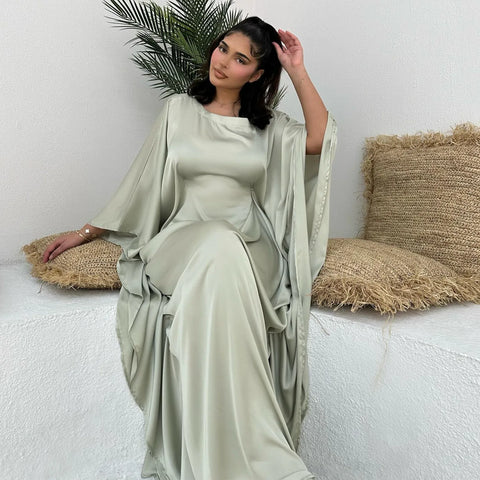 Batwing Butterfly Sleeve Satin Abaya Dubai Muslim Maxi Dress Kaftan Abayas For Women Kebaya Caftan Robe Femme Vestidos