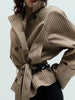 Beige Checkered Cropped Trench Coat Women Stand Collar With Waist Belt Loose Oversized Autumn Daily Wear Outer Jacket