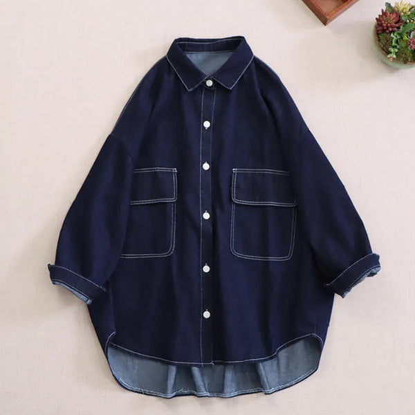 Blue Denim Tops for Women Spring and Autumn Asymmetrical Loose Design Pocket Casual Jacket