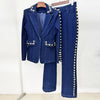 High Street Runway Designer Suit Set Women's Career Style Single Button Washed Denim Beaded Blazer Long Pants Suit
