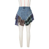 Women Plaid Denim Patchwork Streamer Irregular A-line Mini Skirt Street Female Classic Jeans Cargo Skirts