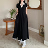 Women Autumn Midi Dresses Black Vintage Simple Y2K V-neck Korean Preppy Style Elastic Long Sleeved A-Line Sports Dress