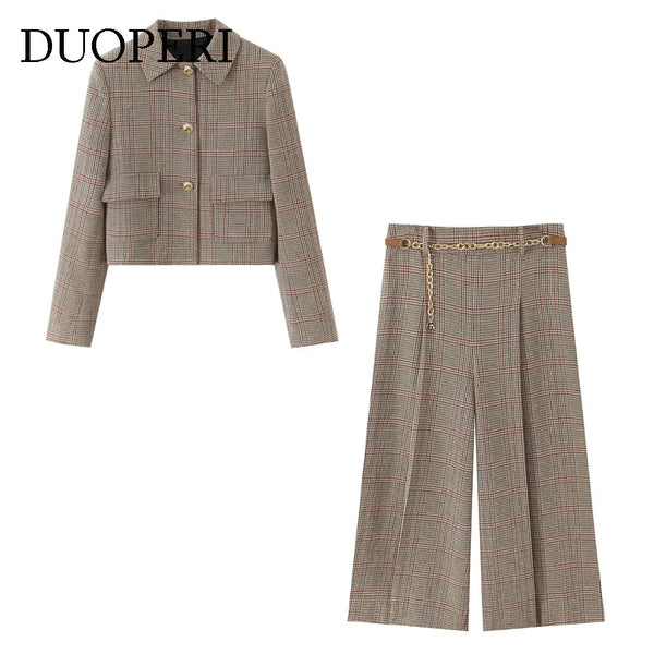 Women's 2 Piece Set Plaid Single Breasted Blazer & Side Zipper Calf-Length Trousers Casual Female Chic Lady Pants Sets