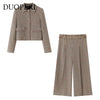 Women's 2 Piece Set Plaid Single Breasted Blazer & Side Zipper Calf-Length Trousers Casual Female Chic Lady Pants Sets