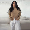 Women Camel Ribbed Knit Cardigan Zip Up High Collar Long Sleeve Cropped Sweater Flap Pockets Jacket Casual Autumn Outfits