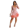 Women Dress Diamonds Splice Ruffles Mini Dresses Square Collar Full Sleeve Slim Fit Sold Evening Party Vestidos Elegant Ladies