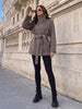 Women Black Belted Double Breasted Coat High Neck Long Sleeve Tailored Fit Elegant Jacket Winter Office Casual Outerwears