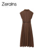 Zerains Autumn women's clothing temperament casual style lace up decoration lapel with belt Midi dress