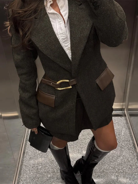 Blazer With Metal Buckle Belt High Waist Pleated Women Mini Skirt Lapel Contrast Pocket Herringbone 2 Piece Suit Vintage Pattern
