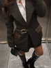 Blazer With Metal Buckle Belt High Waist Pleated Women Mini Skirt Lapel Contrast Pocket Herringbone 2 Piece Suit Vintage Pattern