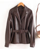 Women Split Leather Blazer With Slim Waist Belt Spring Autumn Notched Collar Loose Leather Jacket Female Coat
