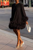 Women's Mini Dress Feather Hem Cocktail Evening Party Elegant Dress Spring Round Neck Solid Y2K Straigth Loose Dress