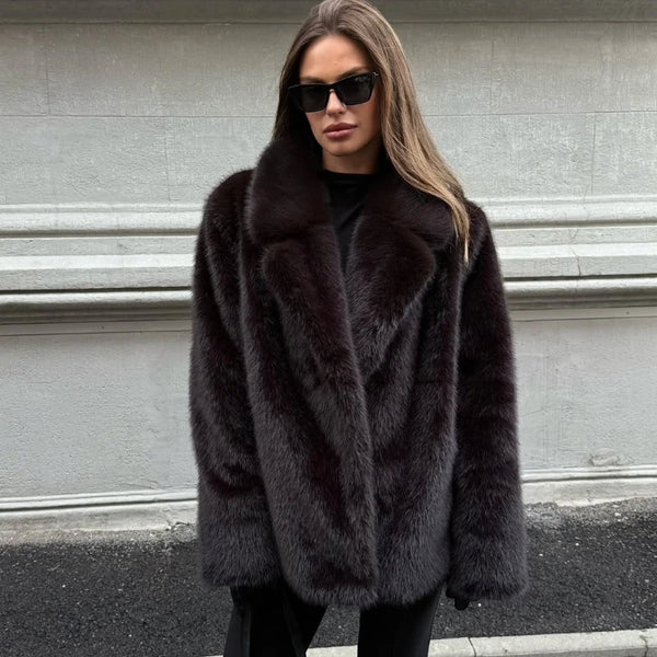 Faux Fur Lapel Coat Women's Elegant Solid Loose Lace-Up Leisure Jacket Winter Female Keep Warm Fur Coat