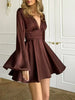 Elegant Party Satin Flare Long Sleeve Dress Women's Sexy Deep V Neck Solid Color Higt Waist Dresses Autumn short skirts