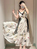 Kuzuwata Elegant V Neck Sling Dress Print Slim Vest Big Swing Lace Up Ruched Panelled Robe Japan French Mujer