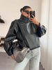 Women Pu Leather Black Coats Stand Collar Long Sleeve Zipper Jacket Woman Vintage High Street Pu Jackets