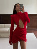 Solid Cinched-waist Mini Dress Women Casual V-neck Full Sleeve Shoulder Pads A-line Vestidos Lady Chic Party Street Gowns
