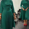 Elegant Office Dress Pleated for Women Professional Round Neck Full Sleeve Belt Waisted Mid Calf Formal Business Work Dress