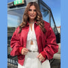 Women Stand Collar Leather Pilot Jacket Red Zipper Cropped Coat Casual Outerwear Streetwear