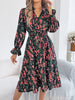 Elegant Floral Print Dresses for Women Autumn Winter Casual V Neck Flare Long Sleeve Ruffled A Line Dress