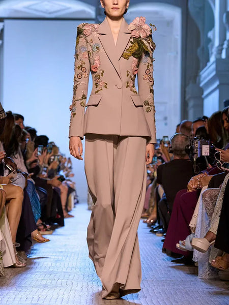 High Street Designer Runway Suit Set Women's 3D Flowers Beaded Blazer Wide Leg Pants Set