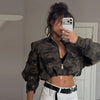 Women's Cropped Coats Camo Printed Hooded Zipper Padded Jacket Autumn Winter Lady Long Sleeve Panelled Loose Coat Outerwears
