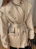 Solid Oversized Tie-waist Cropped Trench Coat Women Drop Shoulder Outerwear Lady Spring Modern Edgy Streetwear Coat
