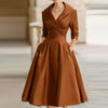 Autumn Long Sleeve Lapel Draped Slim Women Dress Ladies Clothes Solid High Waist Pocket A-Line Prom Dresses Vestido