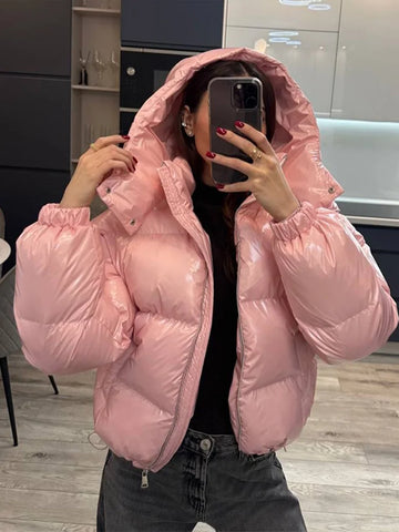 Chic Glossy Zipper Hooded Coat Women's Warm Elastic Waist Pleated Cropped Puffer Jacket Winter Lady High Street Outwear