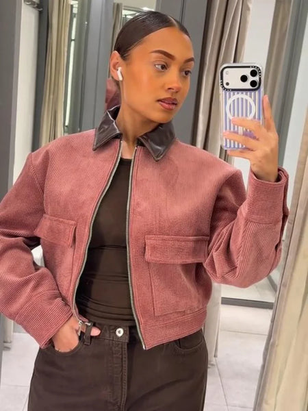 Women's Pink Corduroy Pu Leather Collar Cropped Jacket Long Sleeve Zipper Coat All-match Spring Autumn Outfit