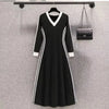 Women Autumn Midi Dresses Black Vintage Simple Y2K V-neck Korean Preppy Style Elastic Long Sleeved A-Line Sports Dress