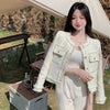 Korean Plaid Tweed Jacket Women White Round Neck Cropped Tassel Coat Autumn Single Breasted Office Lady Outwear