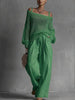 Vintage Women 2 Piece Outfit Off Shoulder Hollow Out Knit Sweater Top Elastic Drawstring Wide Leg Long Pants Casual Matching Set