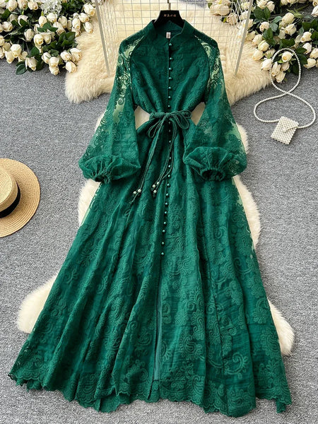 Spring Autumn European American Stand Up Collar Single Breasted Lace Dress Women Elegant Embroidery Large Swing Long Dress C205