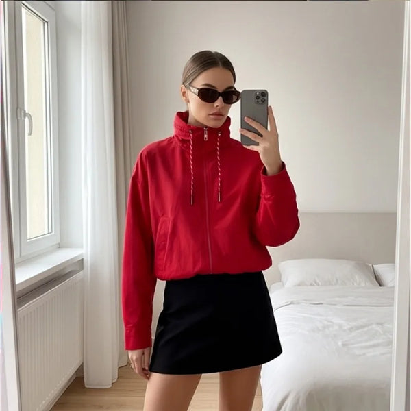 2026Classic Commuter Style Women S Red Hooded Pilot Jacket Cotton Padded Elastic Ruffle Hem Loose Short Casual Coat