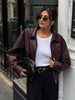 Retro Wine Red Pu Leather Short Jacket Women Chic Lapel Collar Zipper Button Loose Overcoats Autumn Ladies High Street Outerwear